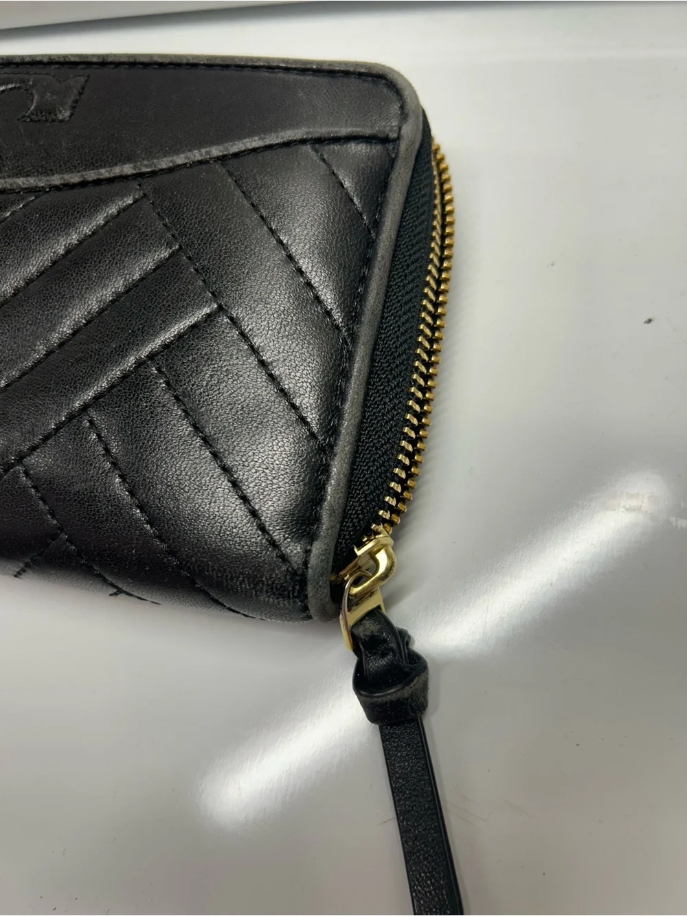 Tory Burch Black Quilted Leather Zip Wallet with Logo
